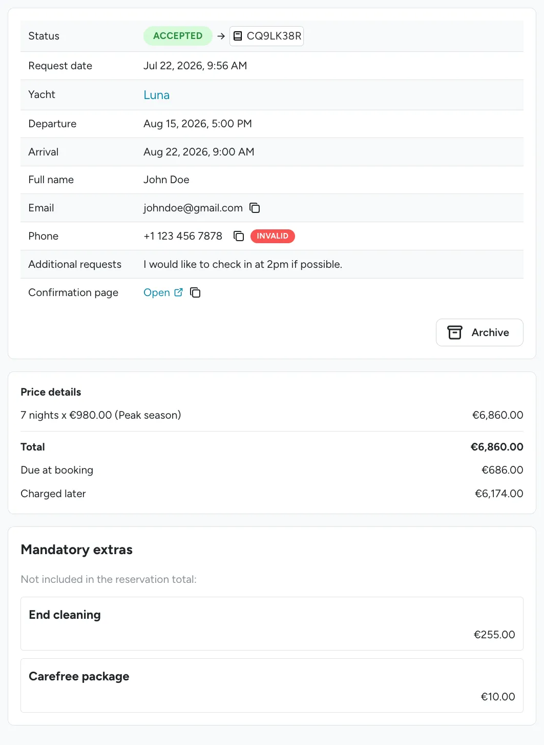Accepted request showing status changed to Accepted with a linked booking code, and price breakdown