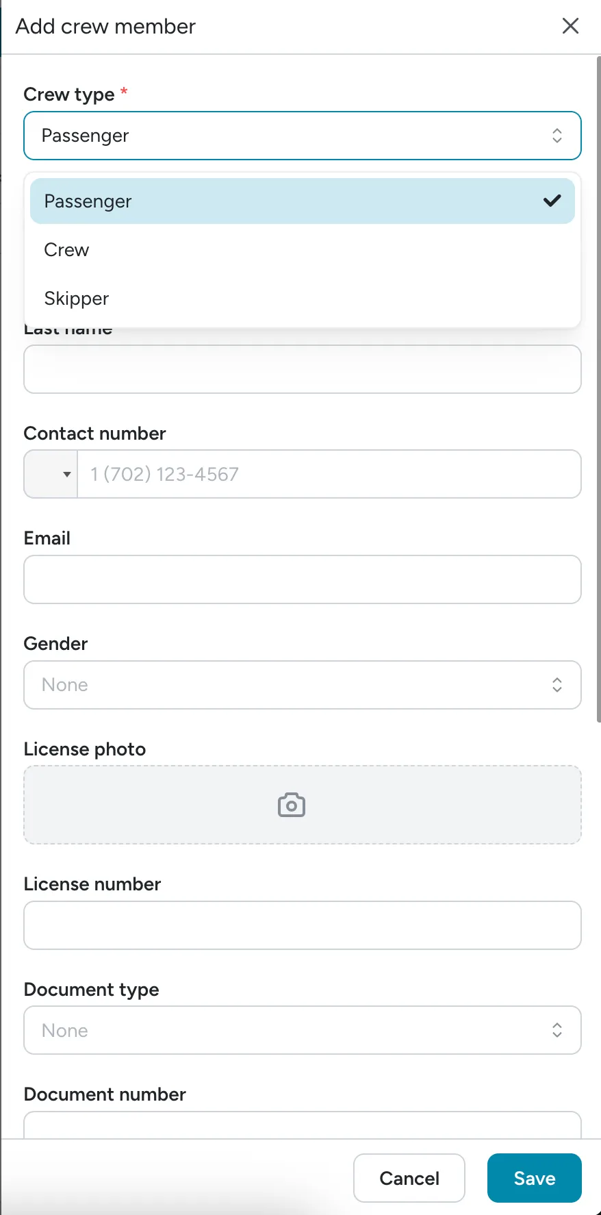 Add crew member dialog showing the Crew type dropdown with Passenger, Crew, and Skipper options