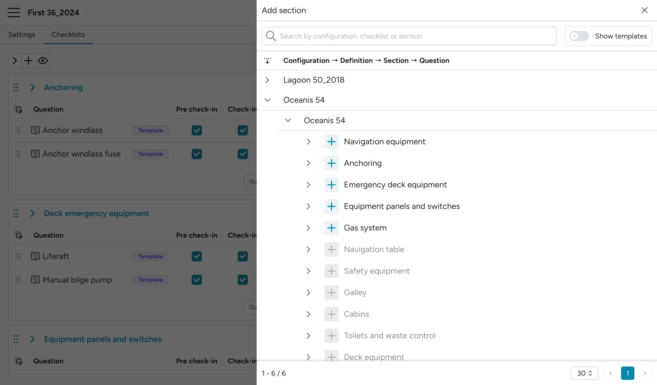 The "Add existing section" drawer, with a search bar, a Show templates toggle, and a + button next to each section