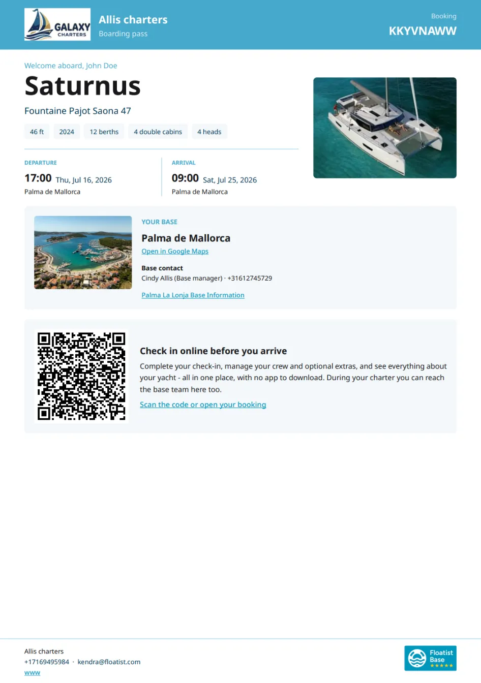 A boarding pass showing the yacht, departure and arrival details, base contact, and QR code, in the operator's own brand color