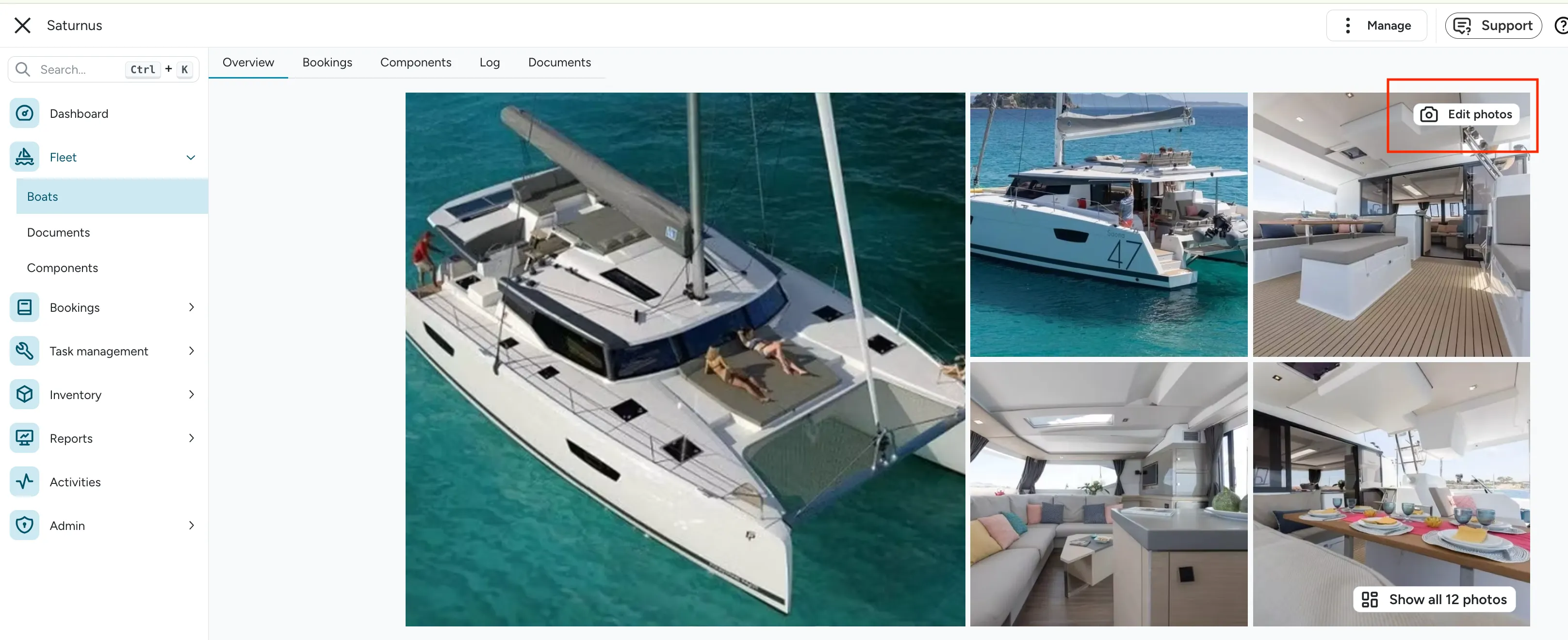 The boat detail page's photo gallery with the Edit photos button highlighted