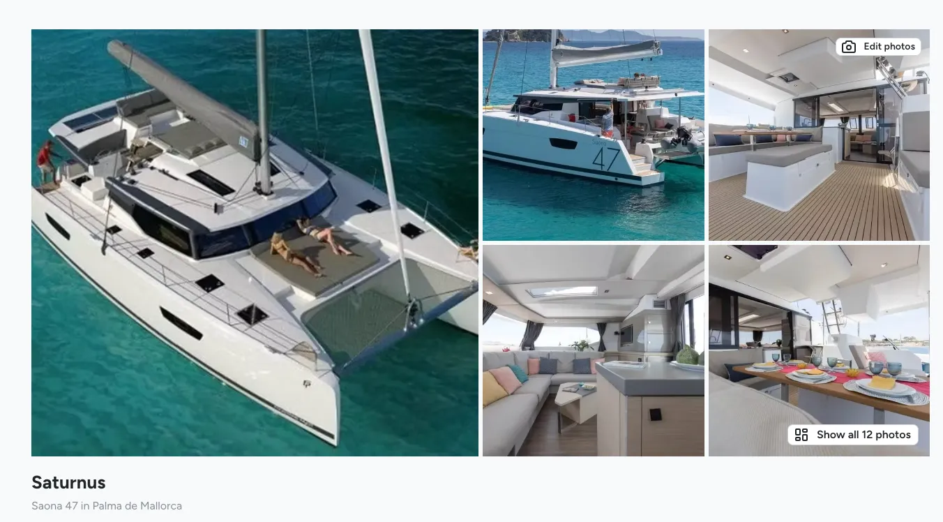 The boat detail page's photo gallery, with an Edit photos button on hover