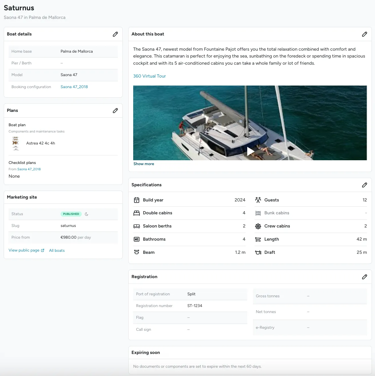 The boat detail page below the gallery, showing the Boat details, Plans, Marketing site, About, Specifications, Registration, and Expiring soon cards