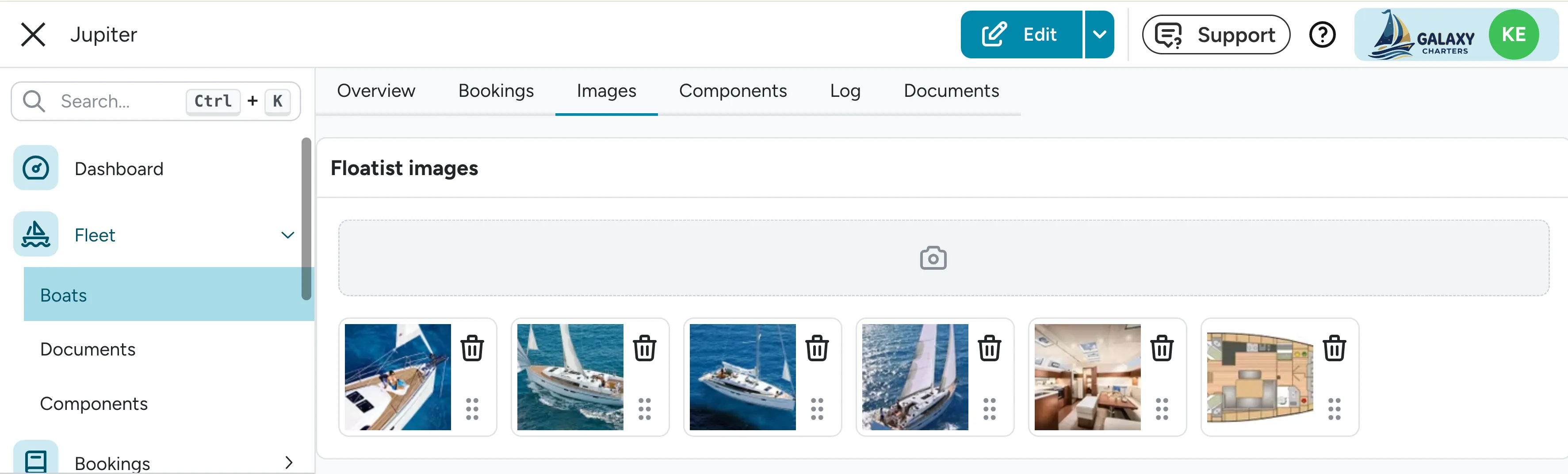 Boat Images tab showing Floatist images with drag handles for reordering