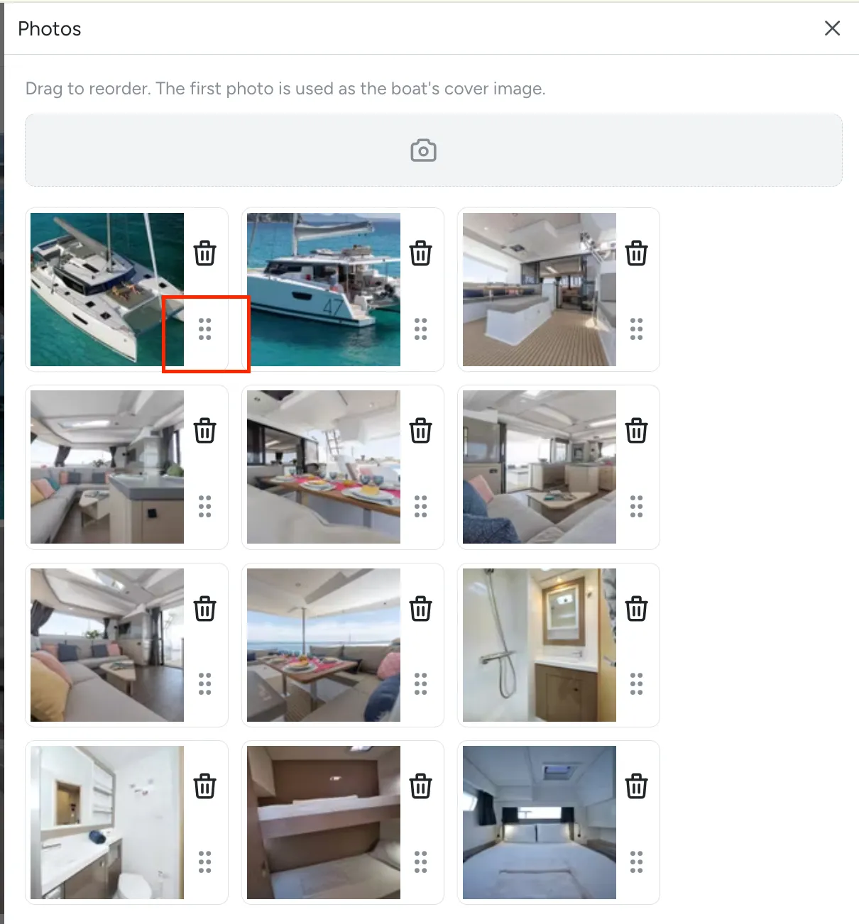 The Photos drawer, with drag handles for reordering uploaded photos