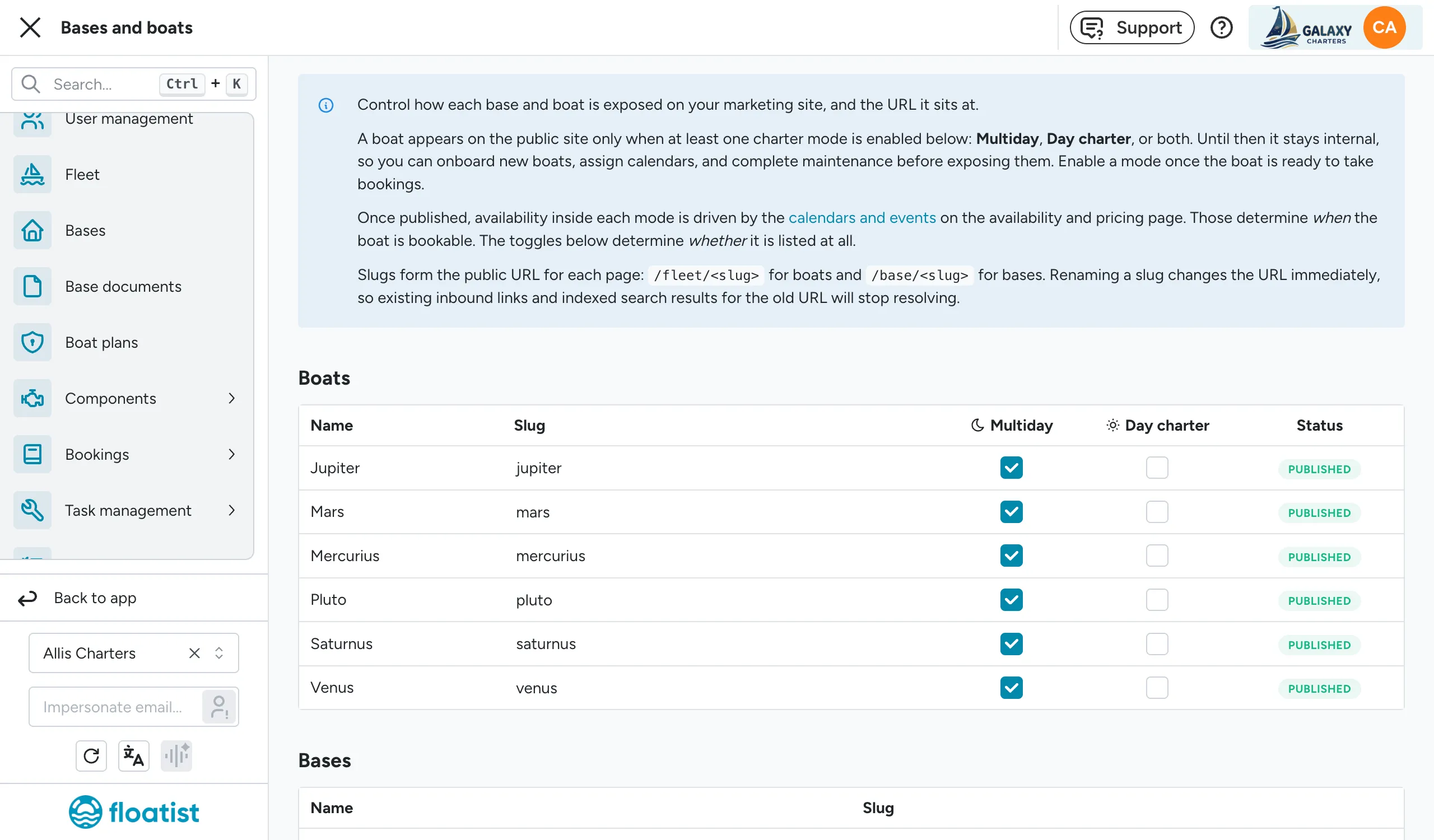 The Bases and boats settings page, with Multiday and Day charter toggles per boat