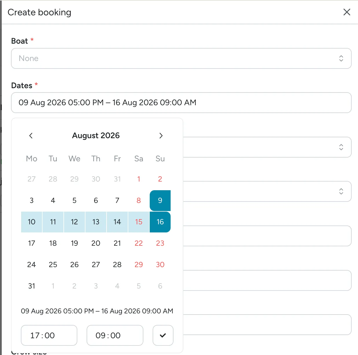 The Create booking dialog's combined Dates field, with a single calendar for picking check-in and check-out