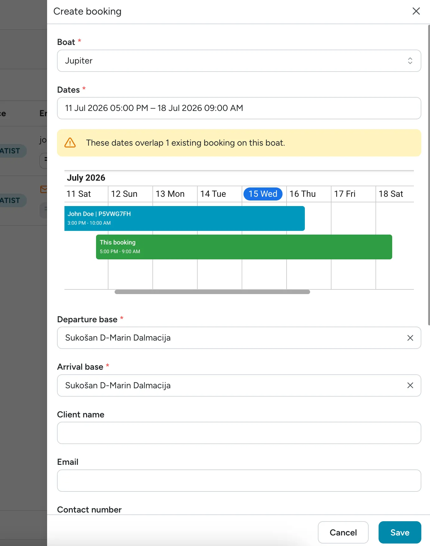 Create booking dialog showing a warning that the selected dates overlap an existing booking, with an inline calendar highlighting the conflict