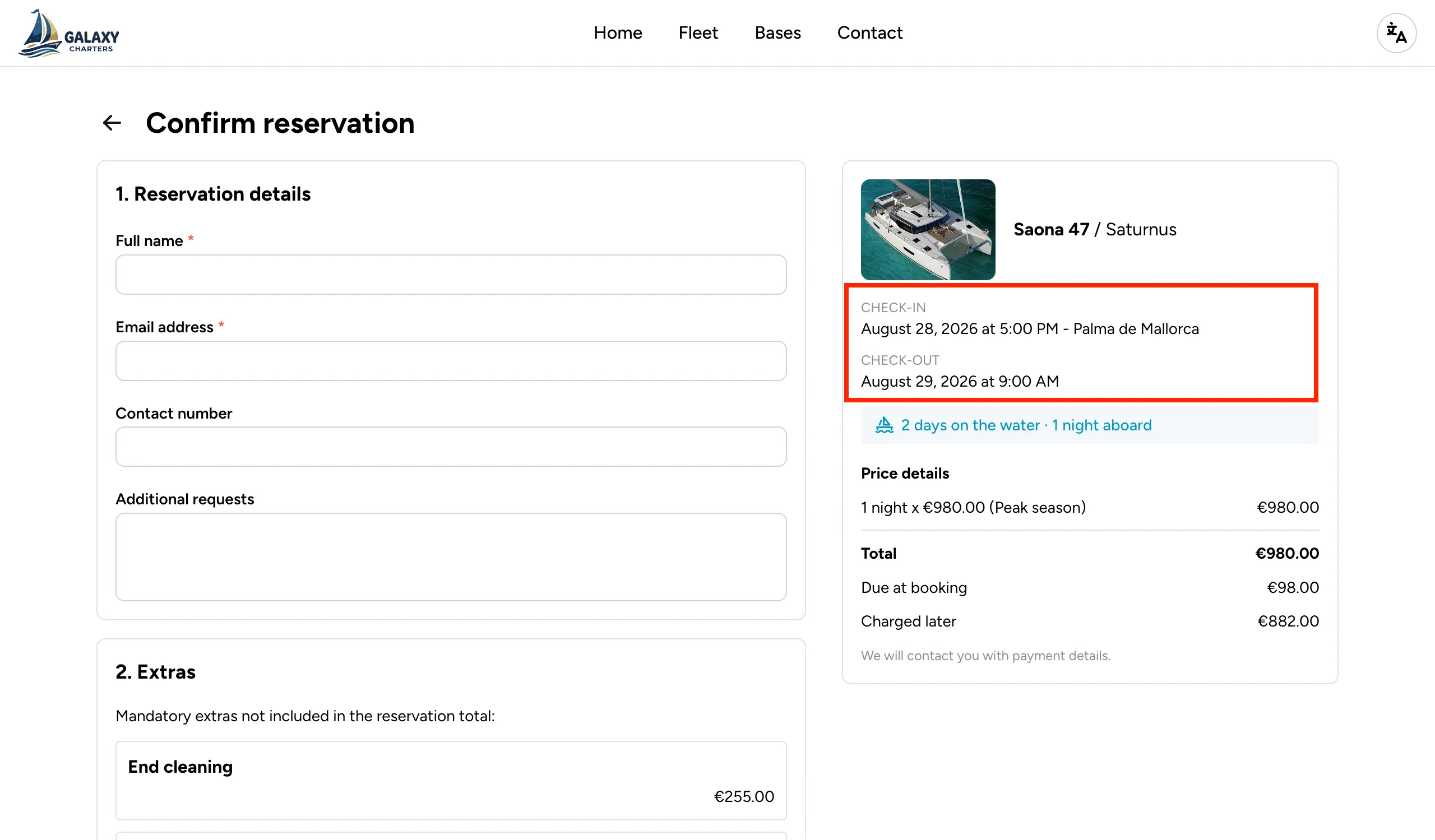 The reservation confirmation page showing check-in and check-out with times, August 28 at 5:00 PM to August 29 at 9:00 AM