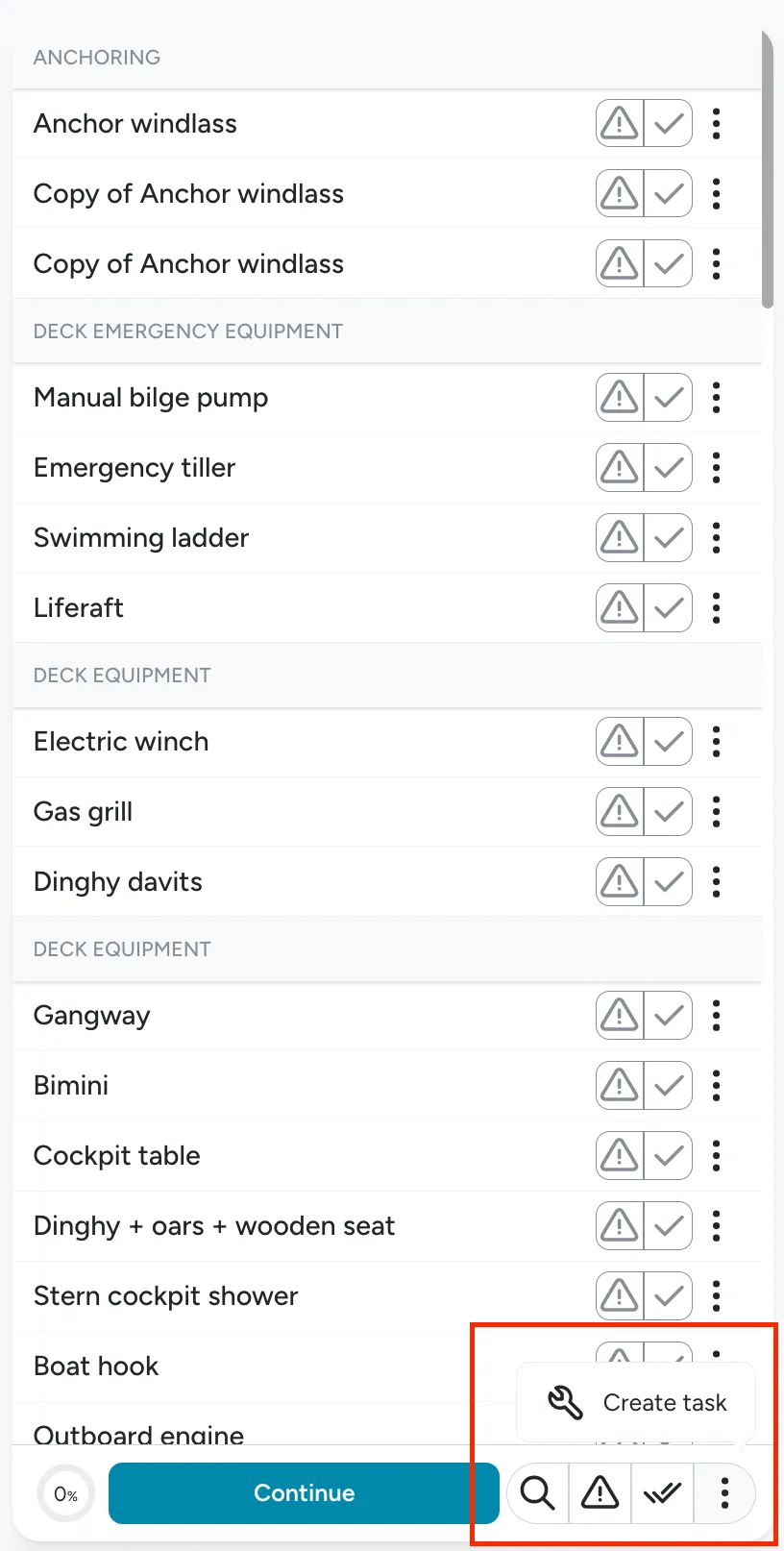 Checklist bottom toolbar with the Create task option highlighted