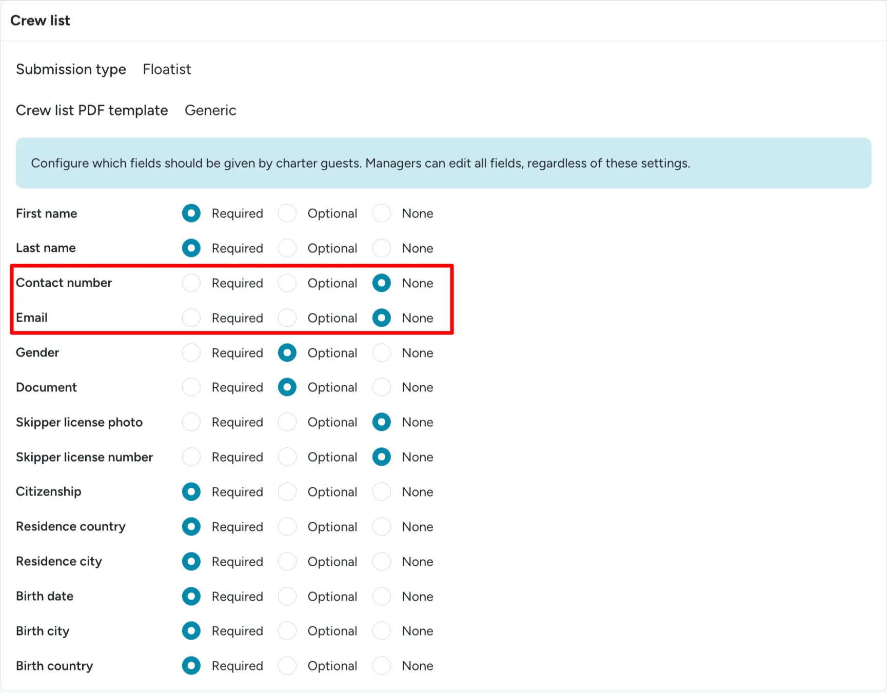 Crew list field settings with Contact number and Email highlighted
