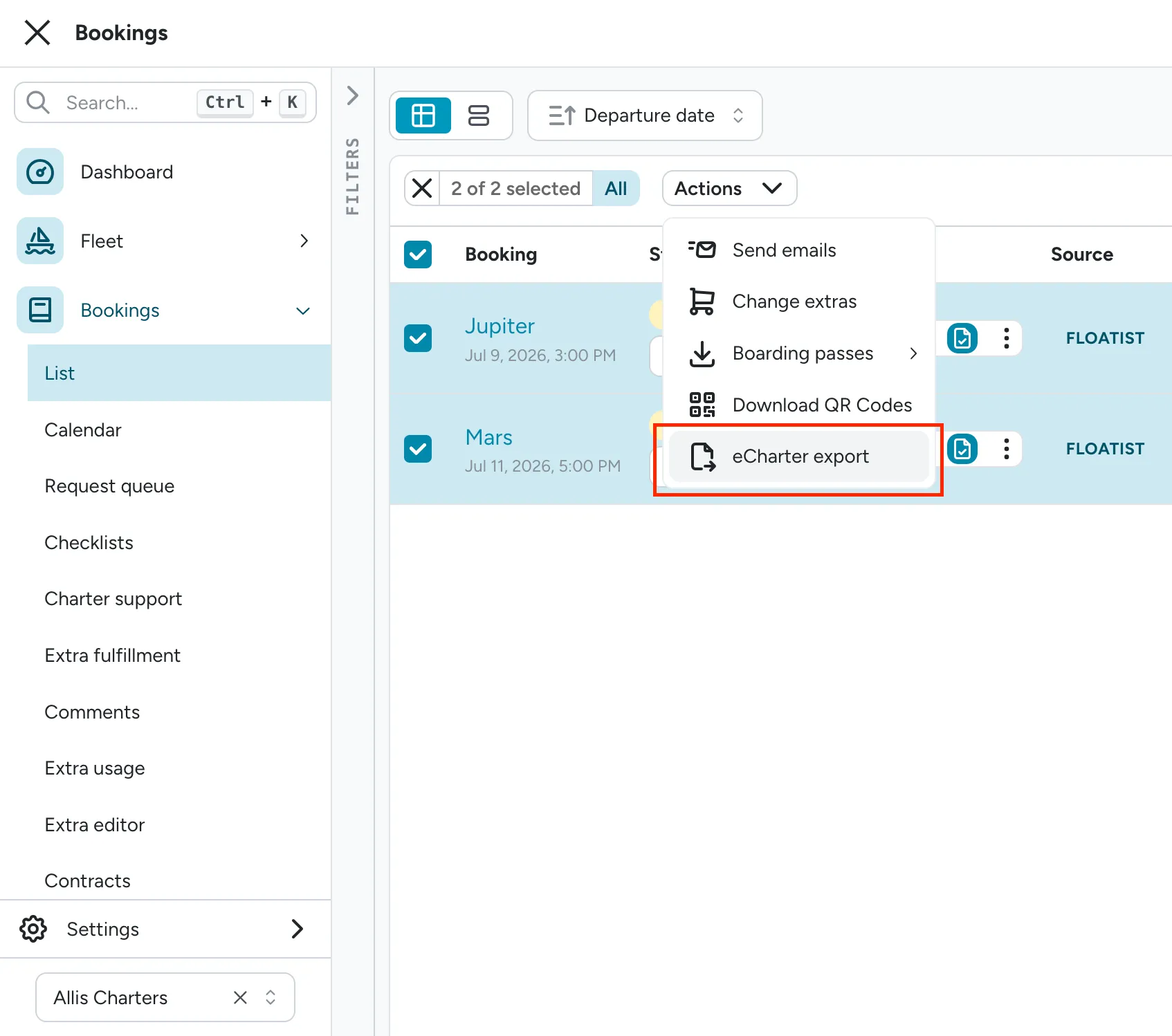 Bookings list Actions menu with eCharter export highlighted