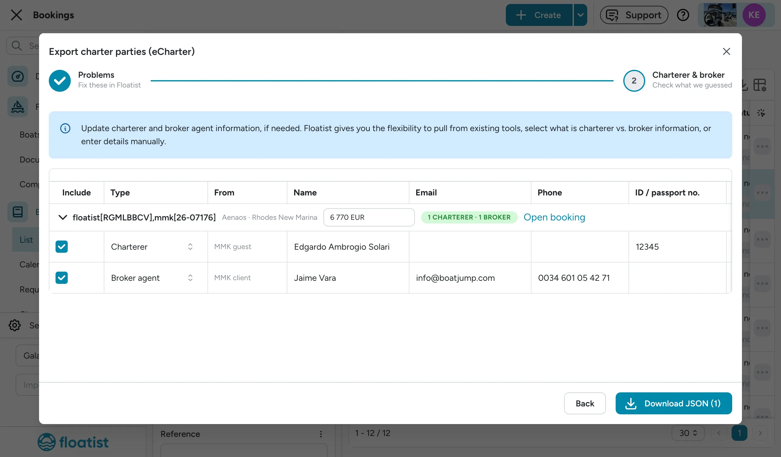 The Charterer & broker step of the eCharter bulk export dialog, showing an expanded booking group with editable charterer and broker rows