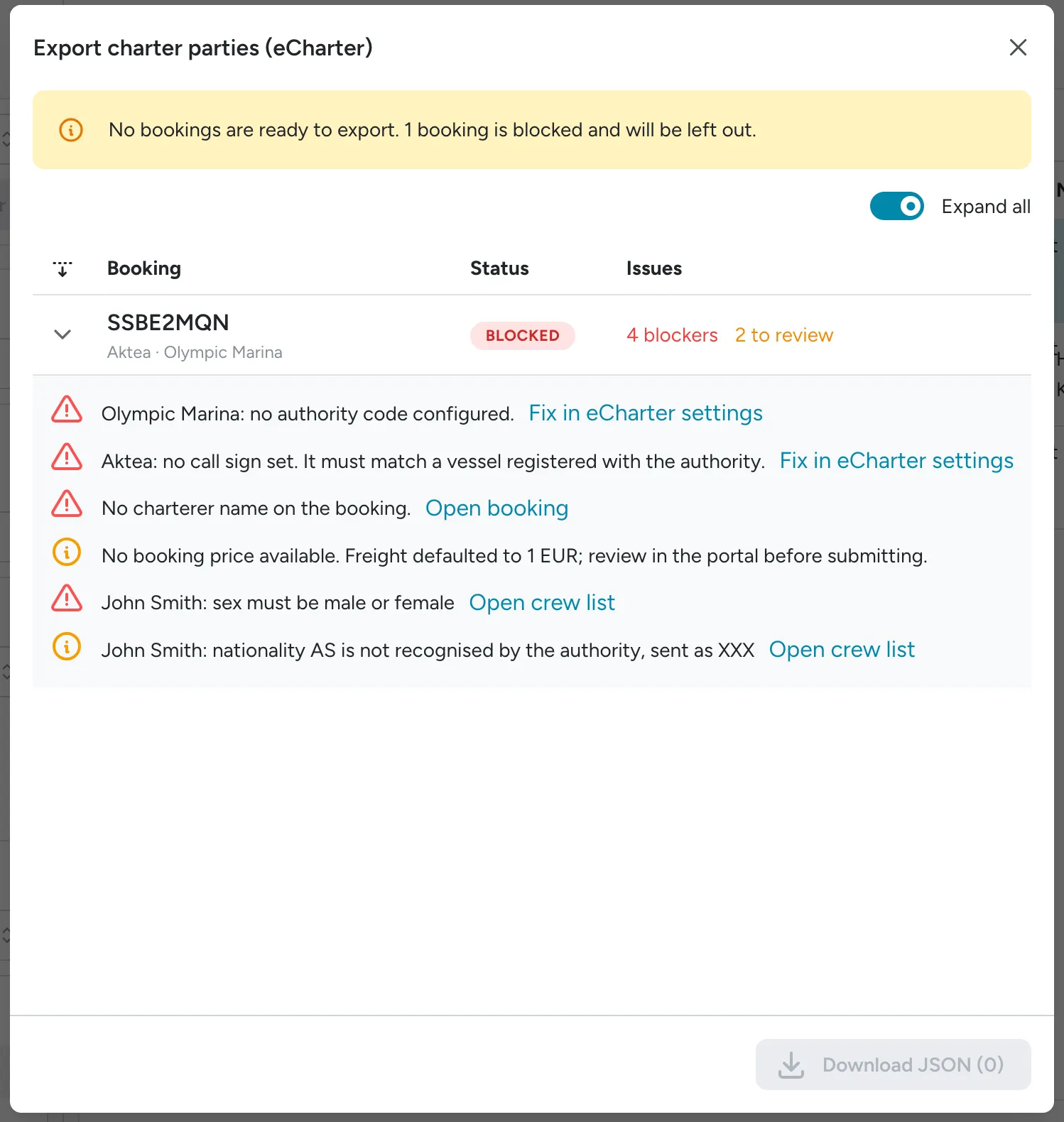 Export charter parties dialog with a blocked booking expanded, showing its specific issues and links to fix each one