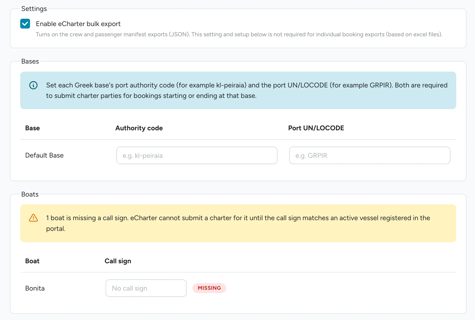 Greek eCharter settings page showing the enable toggle, base authority codes, and boat call signs