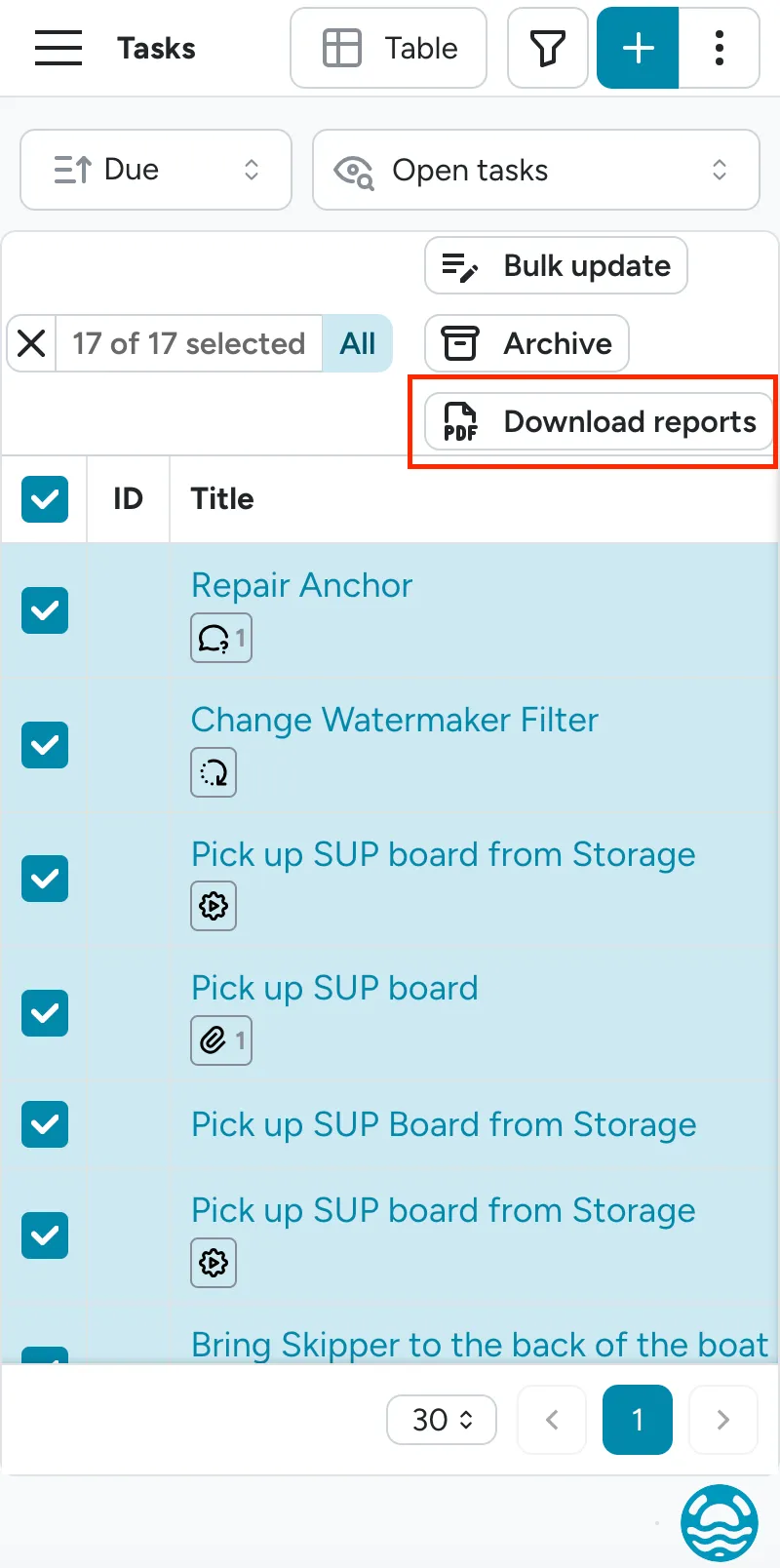 Tasks list with multiple tasks selected and the Download reports button highlighted