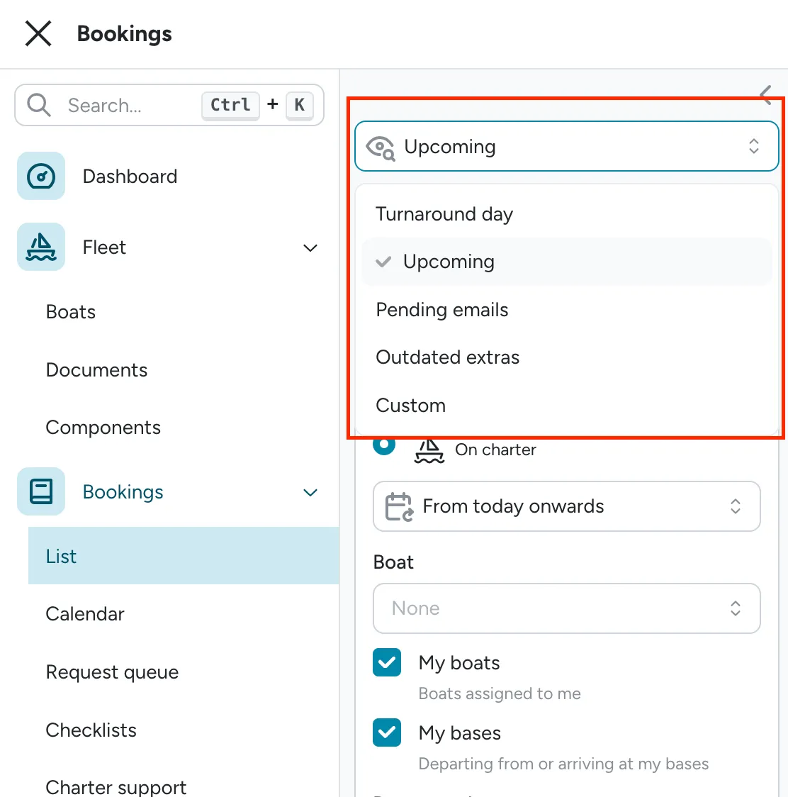 The view dropdown open, showing Turnaround day, Upcoming, Pending emails, Outdated extras, and Custom