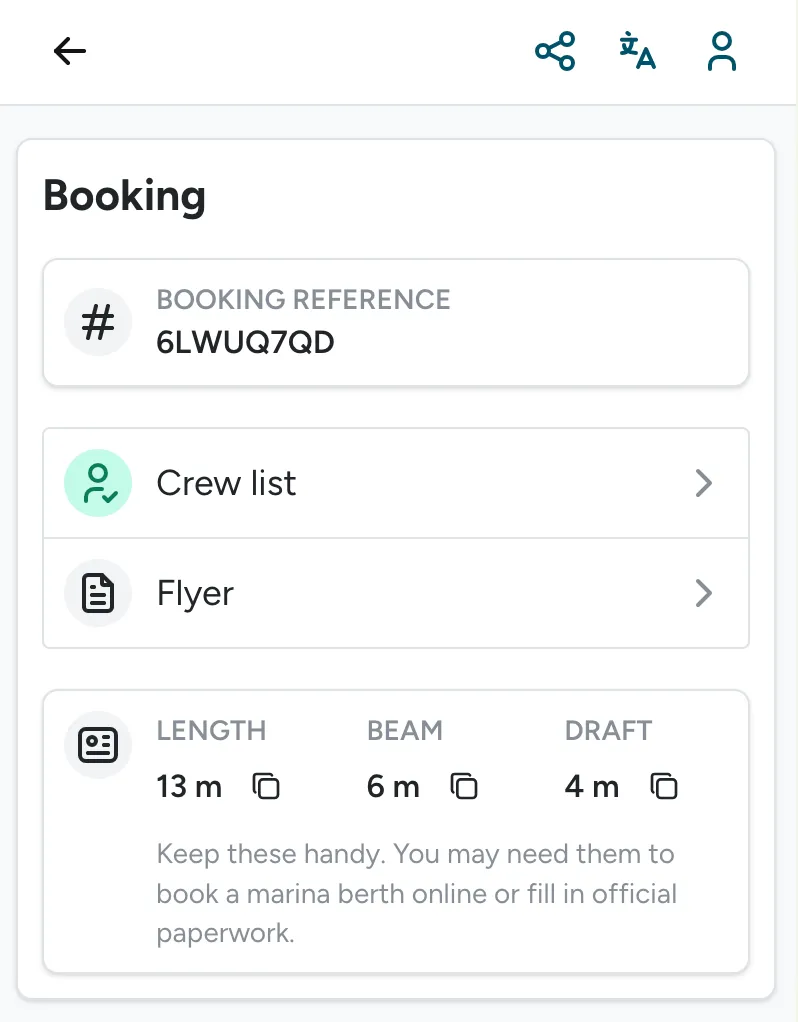 Guest app booking summary showing Length, Beam, and Draft