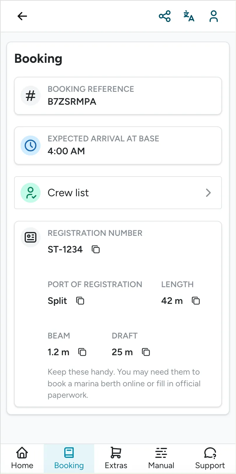 Guest app booking summary showing Registration number, Port of registration, Length, Beam, and Draft