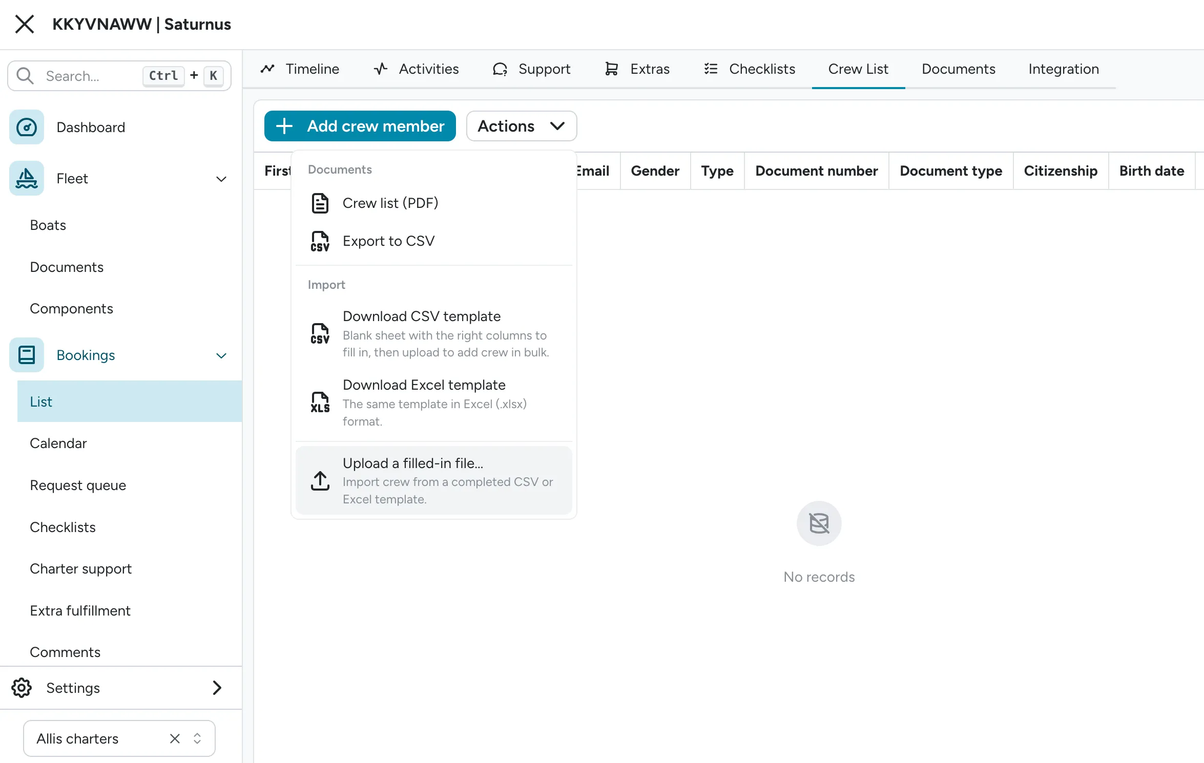 Crew List Actions menu open showing the Import section with Download CSV template, Download Excel template, and Upload a filled-in file options
