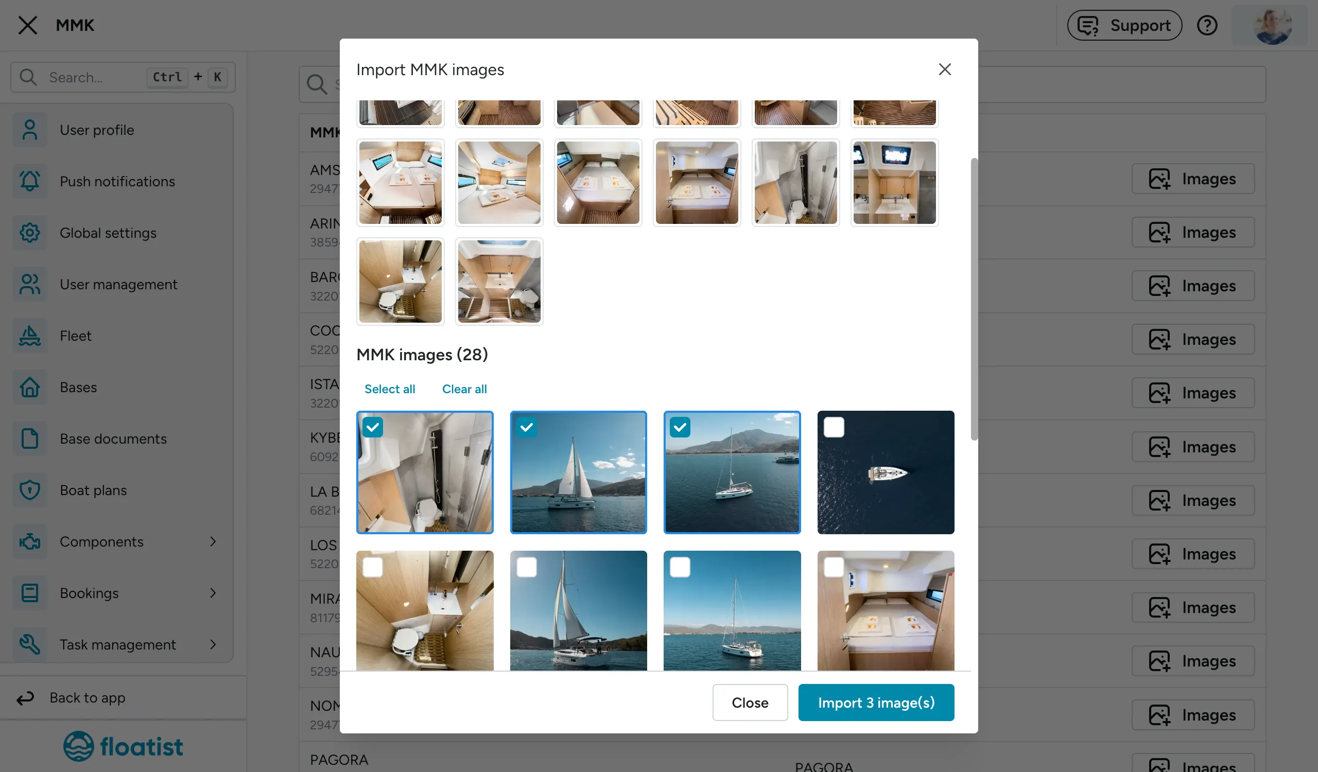 The Import MMK images dialog — your current Floatist images alongside the images available on MMK