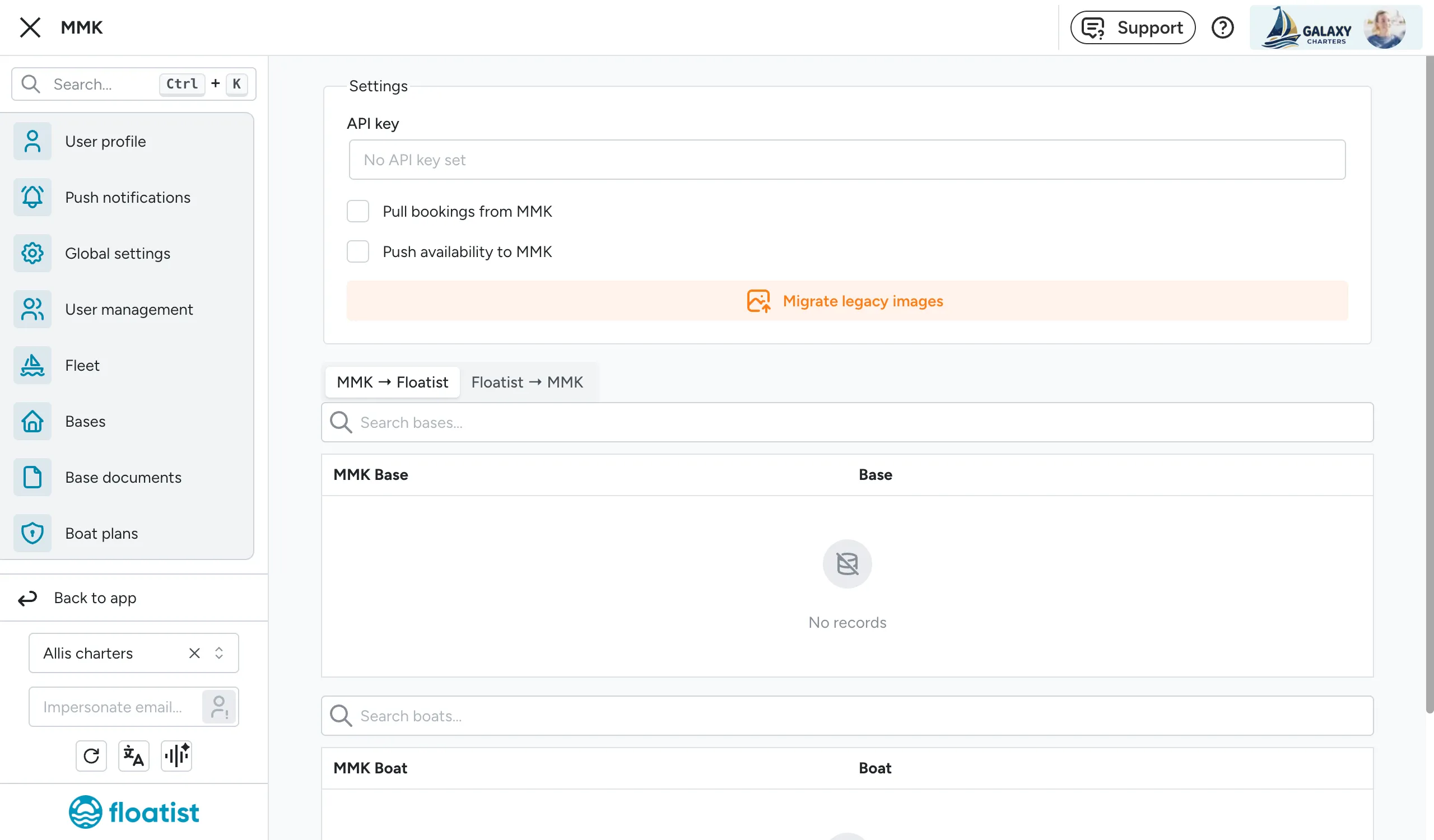 The MMK integration page in Floatist, with the API key field and the Pull / Push sync toggles