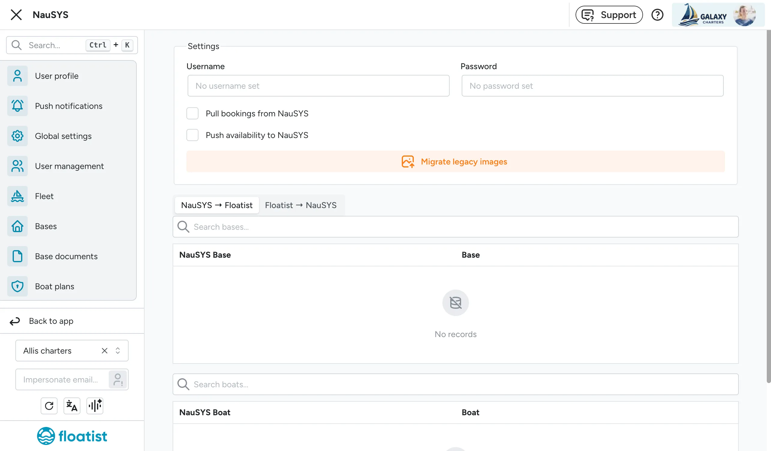 The NauSYS integration page in Floatist, with the credentials fields and the Pull / Push sync toggles