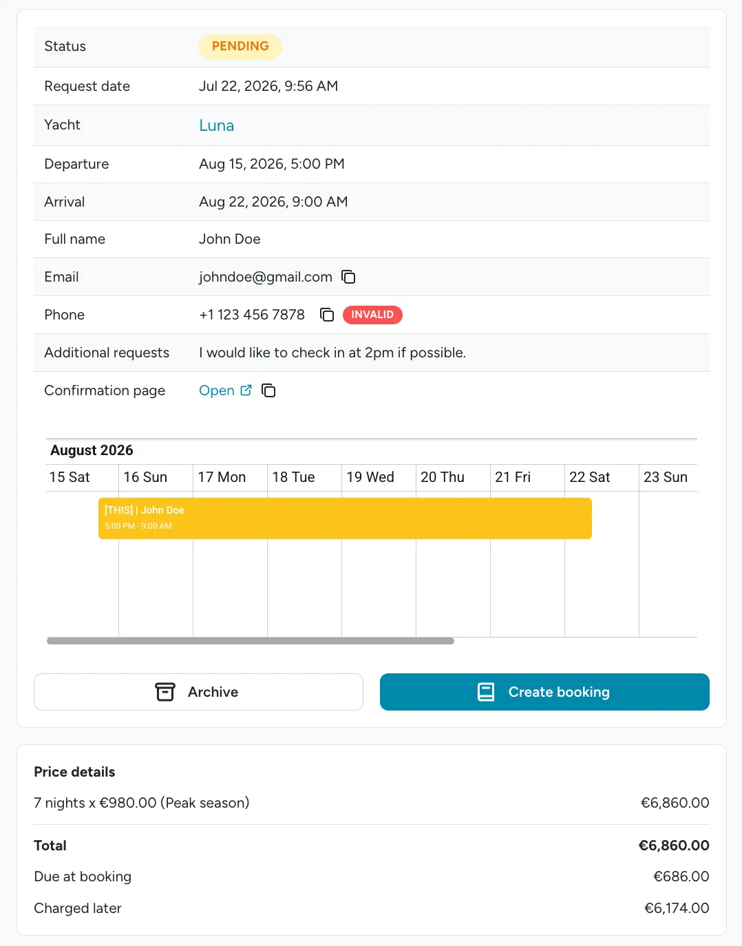 Pending request detail showing yacht, dates, guest details, additional requests, price breakdown with amount due at booking, and Archive and Create booking buttons