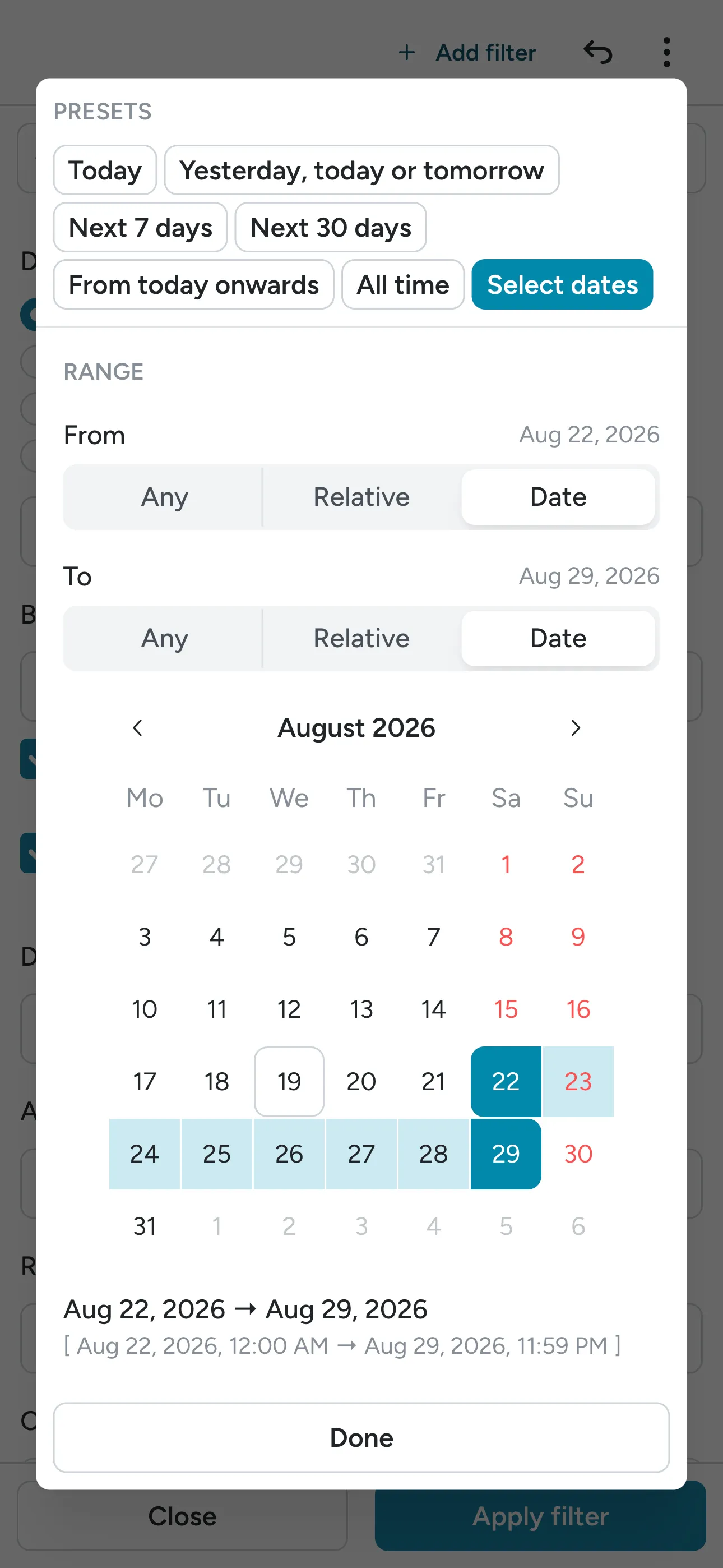 The Dates filter with Select dates active and a range picked from the calendar