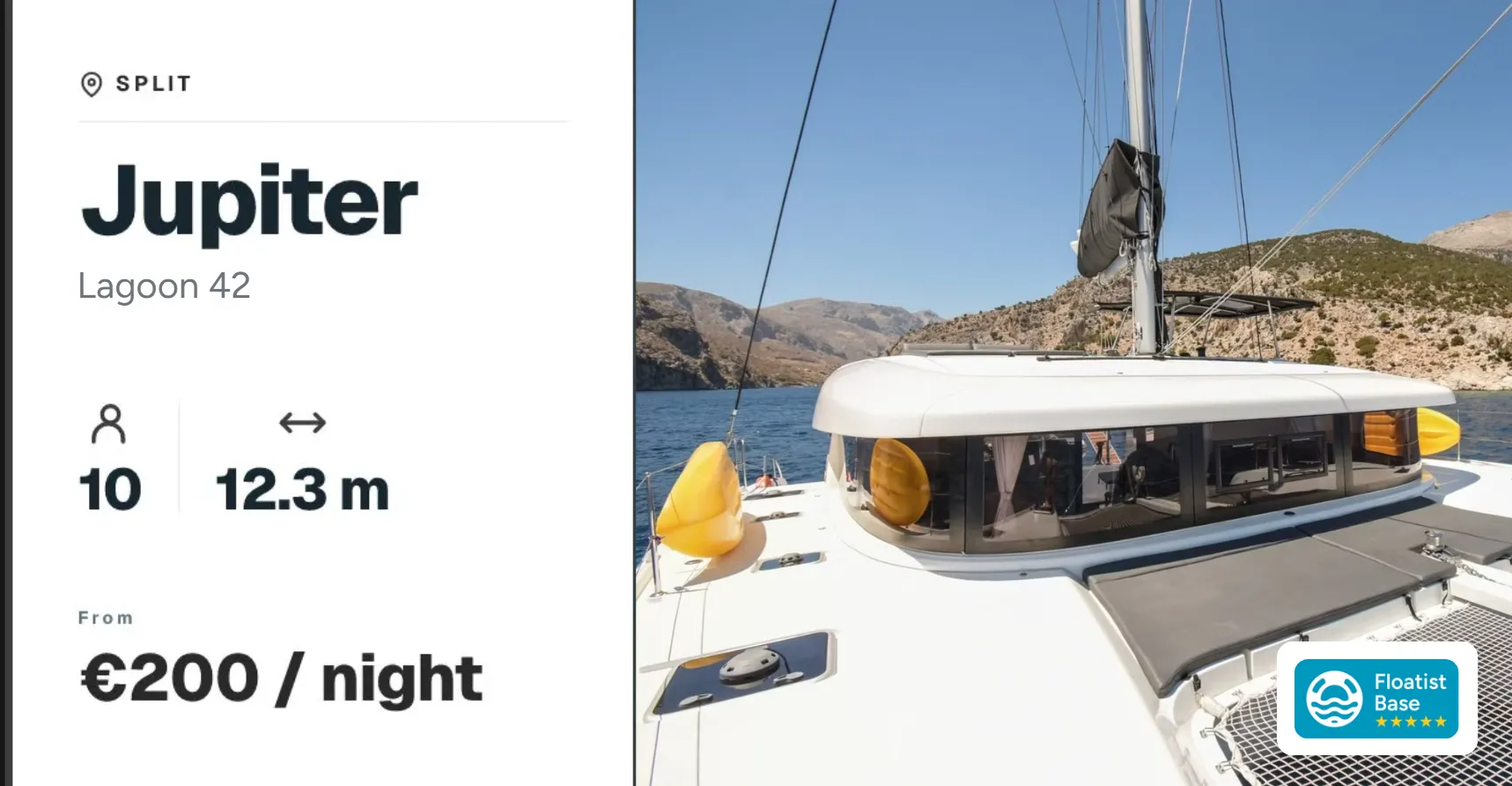 Social sharing card preview showing boat name, model, base, capacity, length, and starting price
