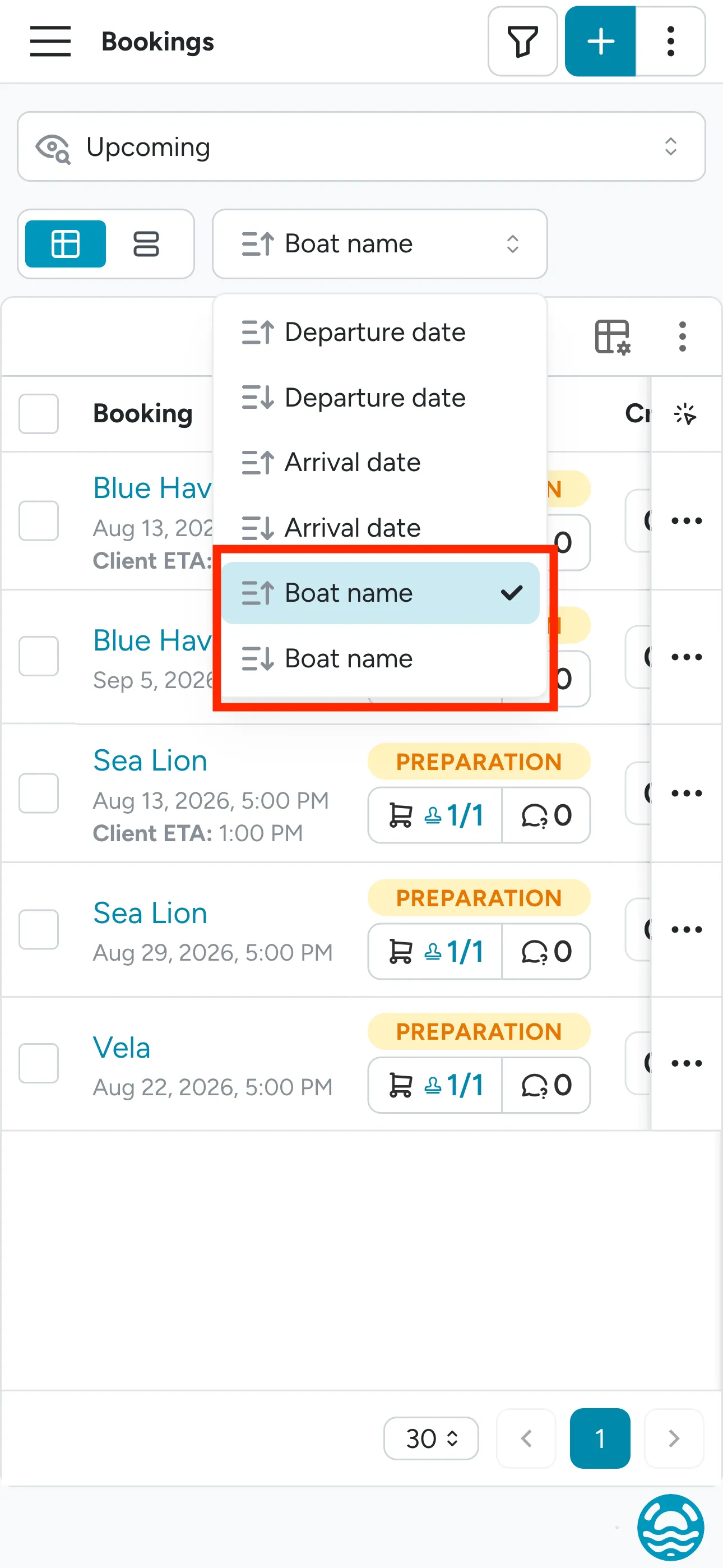 The booking list's sort dropdown open, with Boat name selected