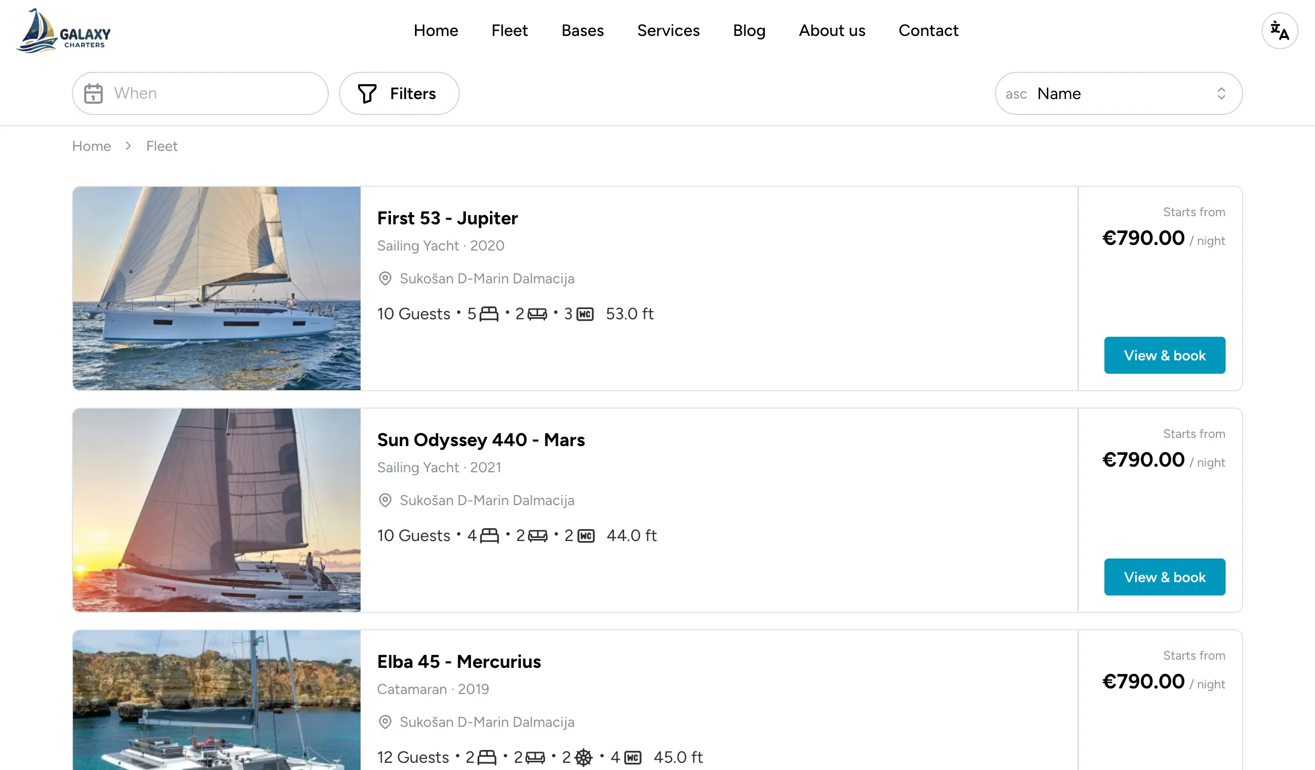 A marketing-website fleet list, with a "Starts from" price shown on each boat card
