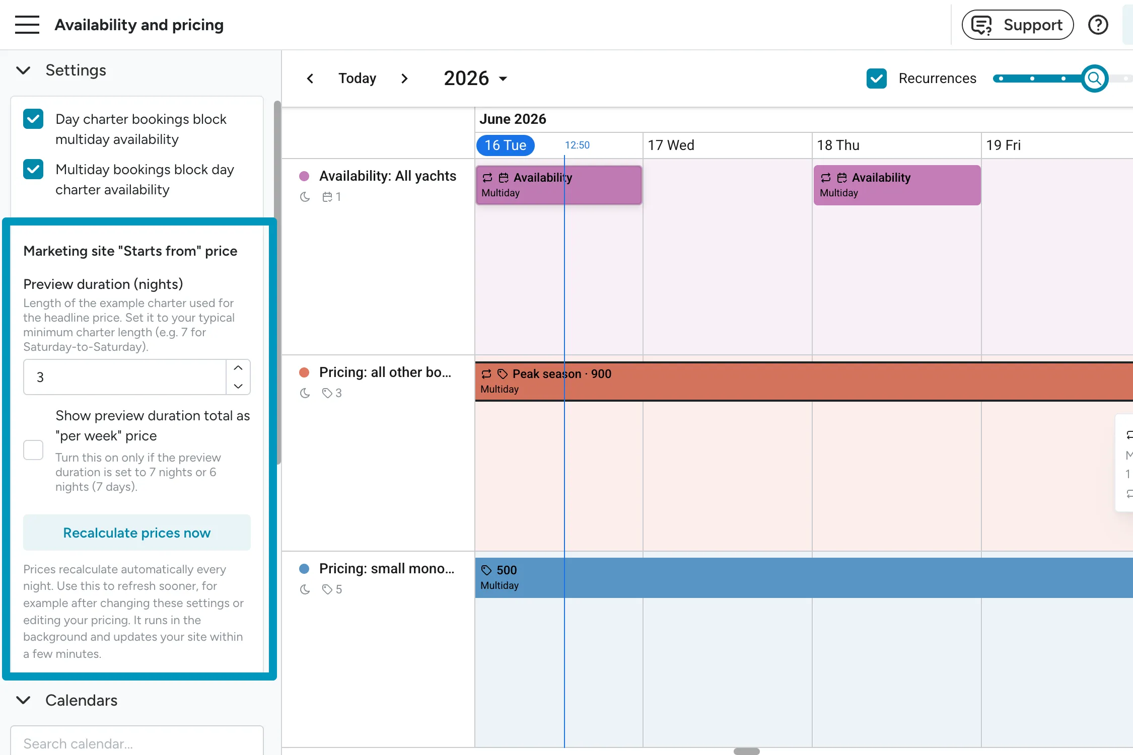 The "Marketing site Starts from price" settings in the availability and pricing sidebar